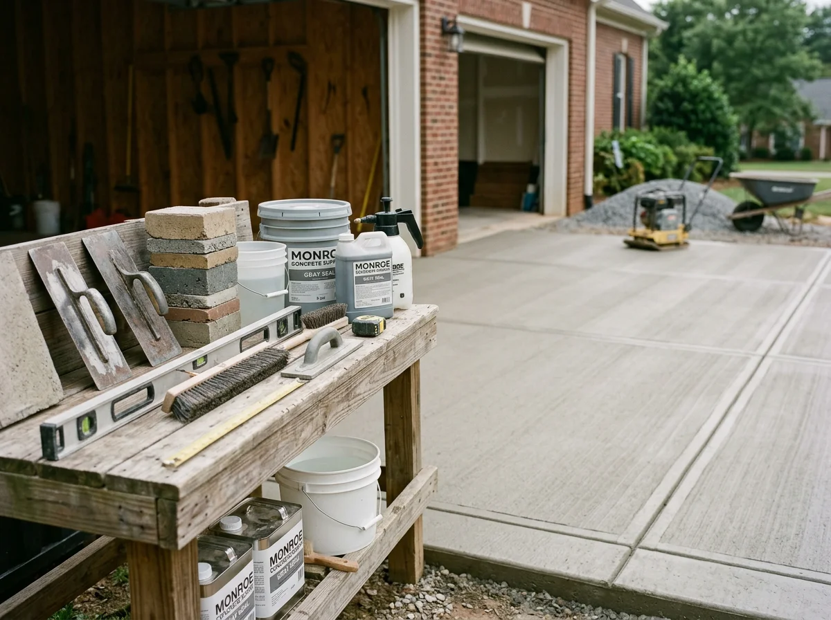 Concrete work site showing finished driveway or patio installation with tools and equipment ready for service.