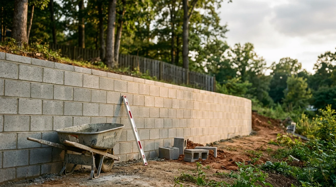 Concrete retaining wall installation on a residential property in Monroe, NC