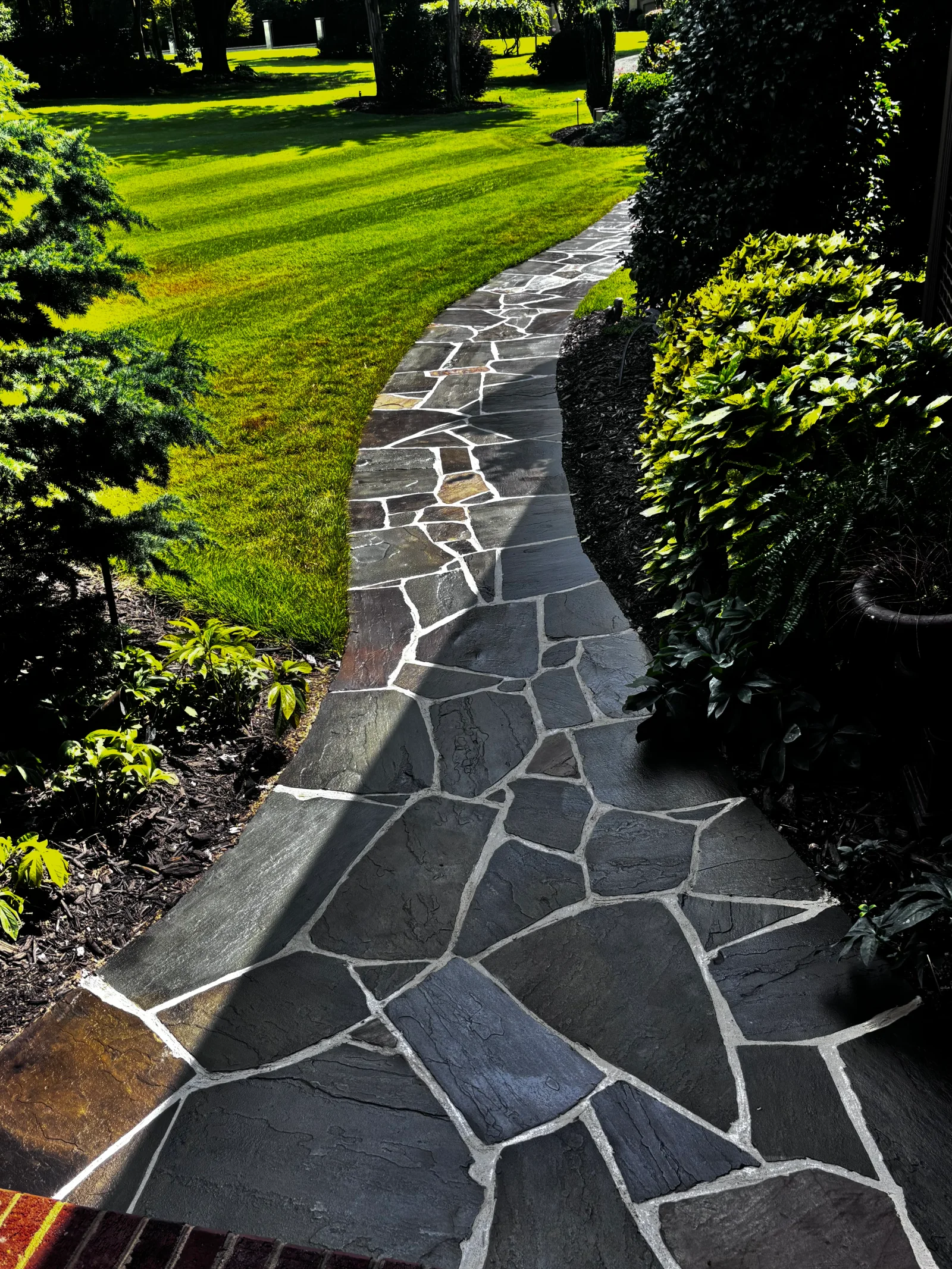 Dark slate flagstone pathway with light mortar joints bordered by hedges and lawn
