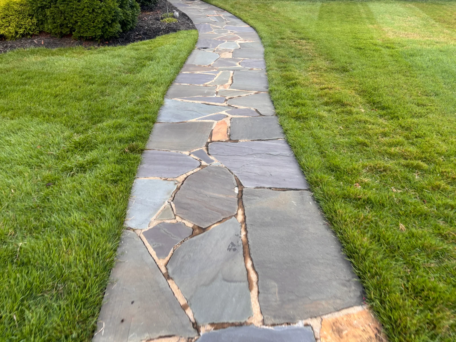 Irregular flagstone pathway with tan mortar joints bordered by green lawn and landscaping