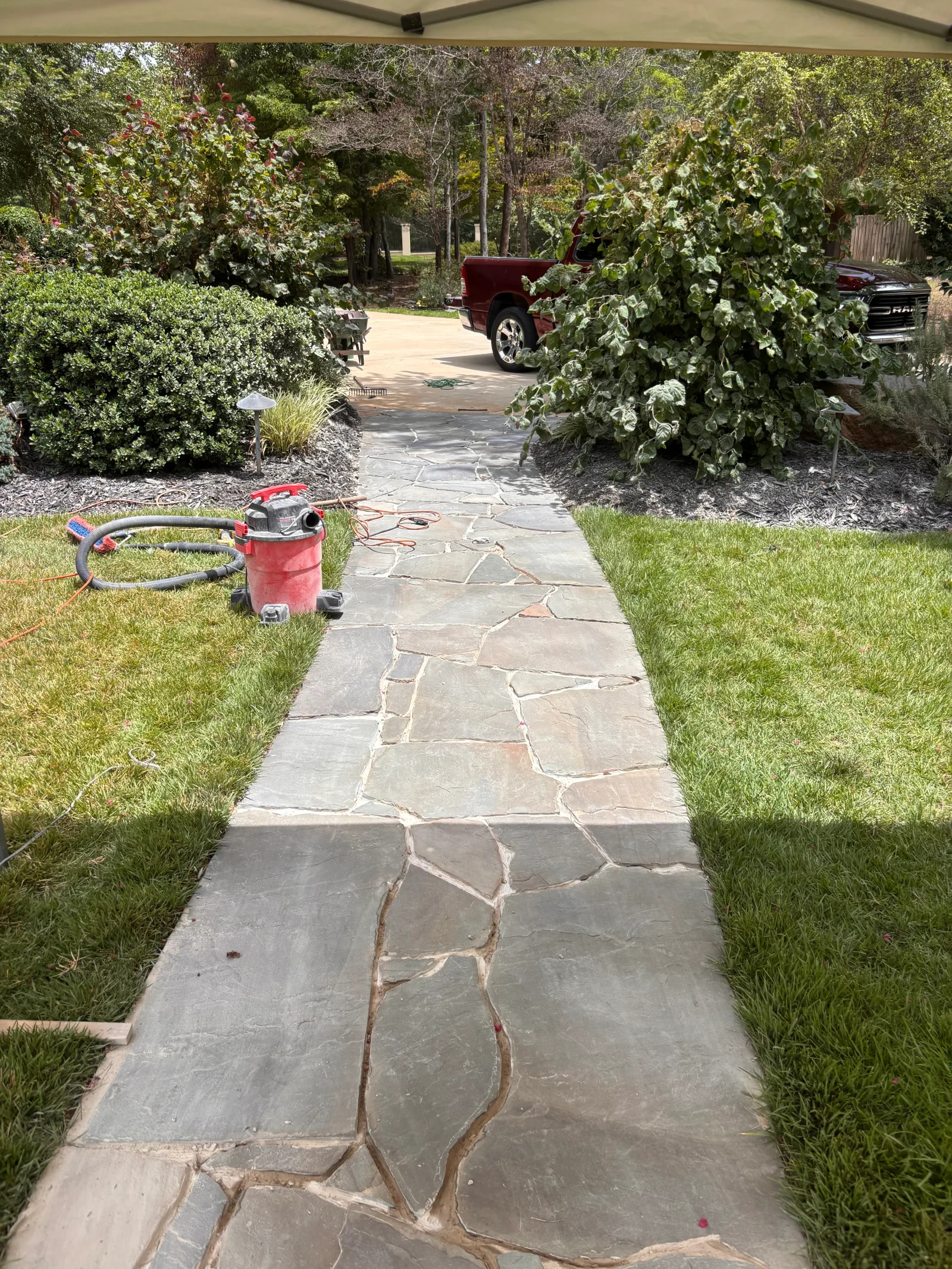 Irregular flagstone pathway with mortar joints flanked by green lawn and mature landscaping