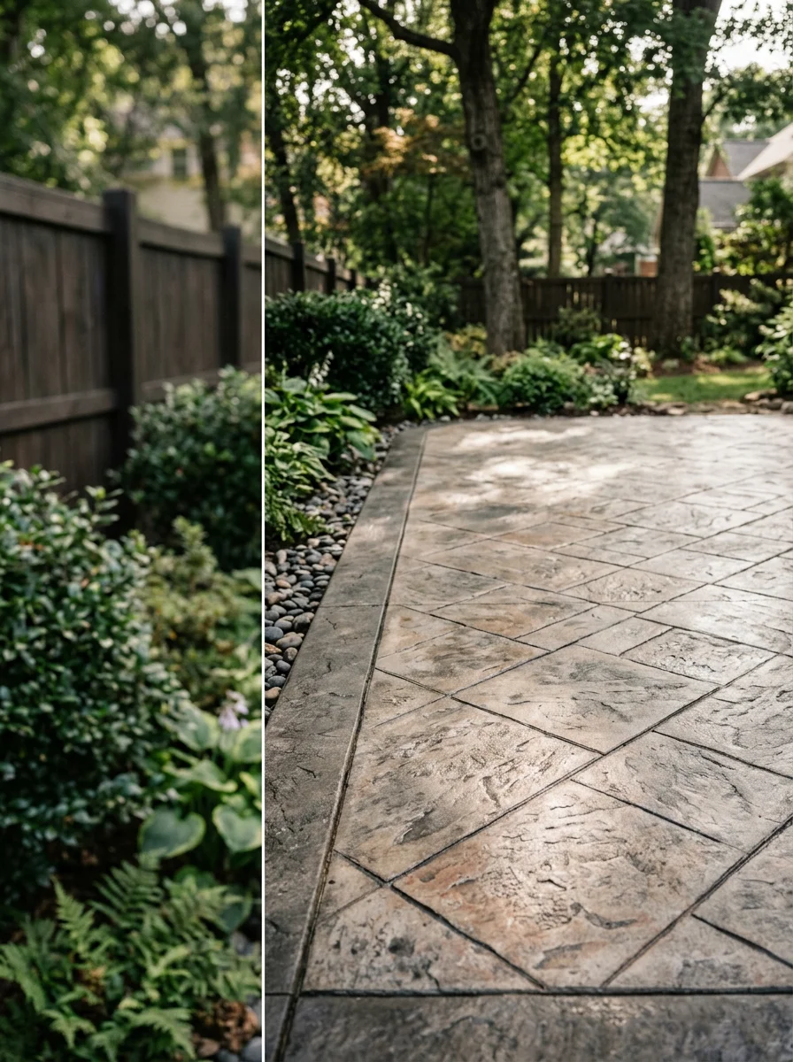 Stamped concrete patio in a South Charlotte backyard, showing a textured pattern finish with a sealed surface adjacent to a privacy fence and landscaping.