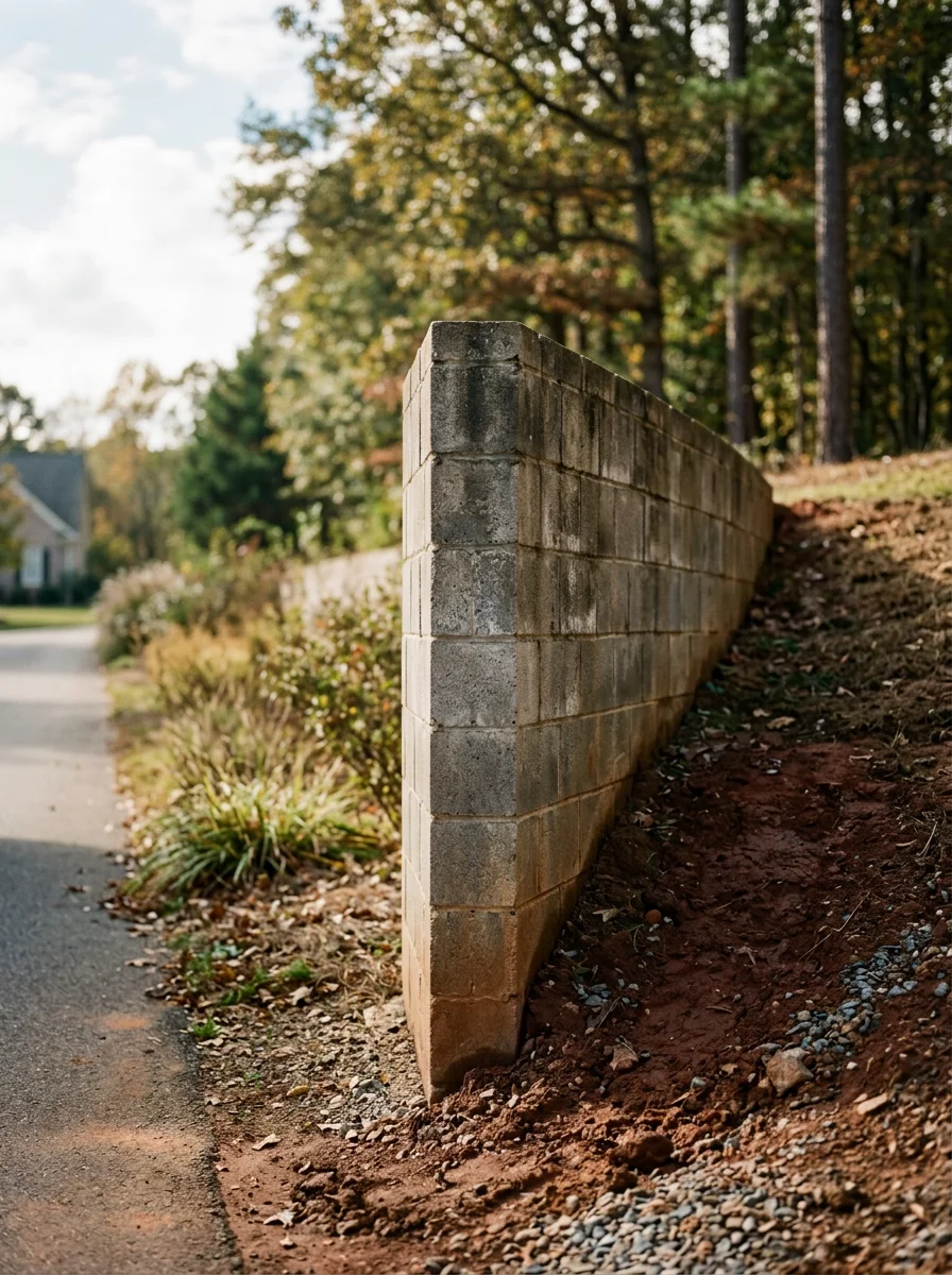 Block wall along the edge of a residential driveway in Indian Trail, NC, holding back a graded yard with clay soil visible at the base.