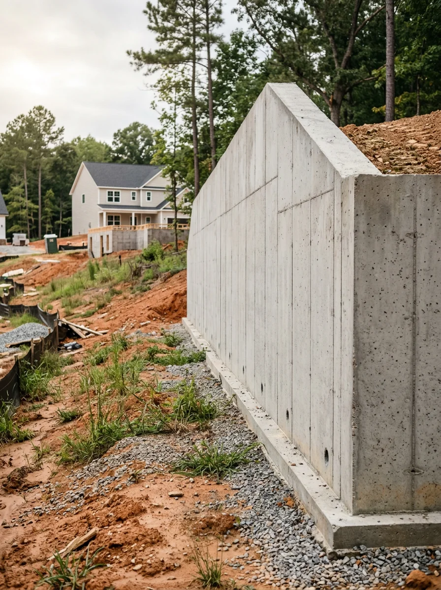 Concrete retaining wall on a residential lot in Lancaster, SC, holding back clay-heavy soil on a sloped yard adjacent to a newer subdivision home.