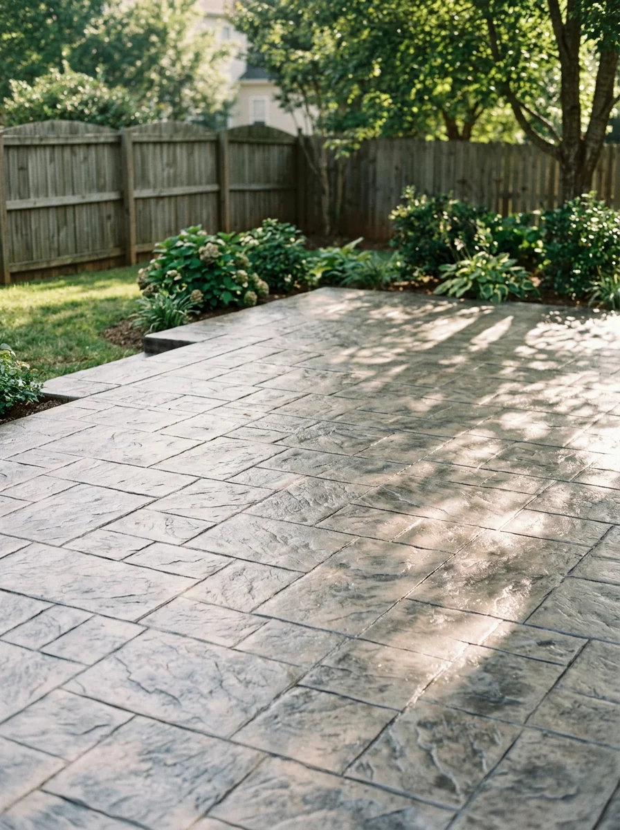 Stamped concrete patio in a Matthews, NC backyard, showing a textured pattern finish adjacent to established landscaping and a wooden fence.