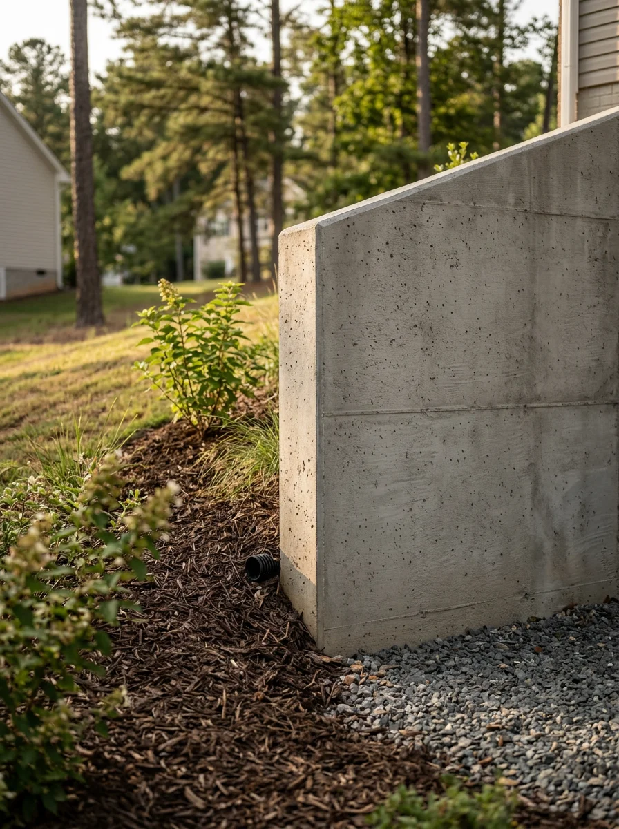 Close-up of a concrete retaining wall holding back a sloped yard in a Monroe, NC subdivision, with compacted gravel visible at the base.