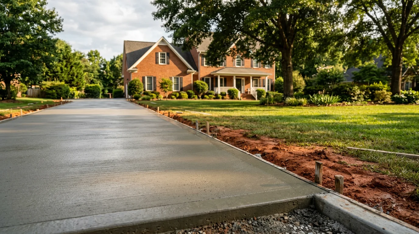 Freshly poured concrete driveway on a residential lot in Monroe, NC, with red clay soil visible at the edges and a brick home in the background.