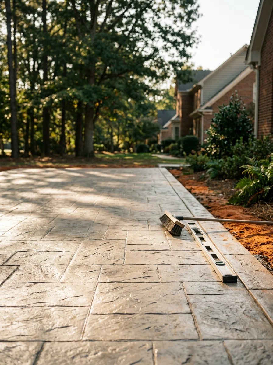 Stamped concrete patio on a large Waxhaw, NC property, showing a textured surface finish adjacent to a rear yard with mature trees.