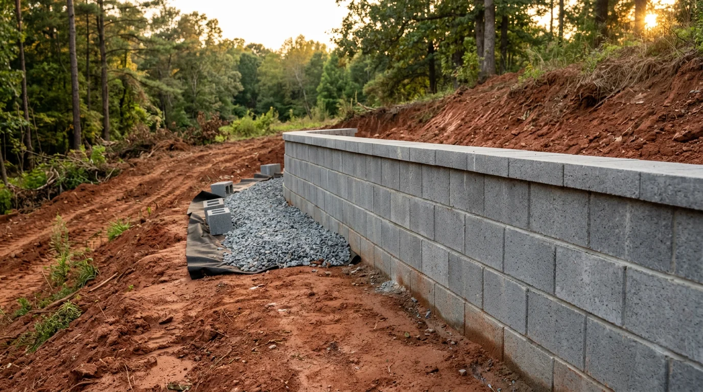 A finished block retaining wall holding back a sloped yard at a residential property in Monroe, NC. The wall features staggered block courses and a level surface behind it where soil has been graded flat.