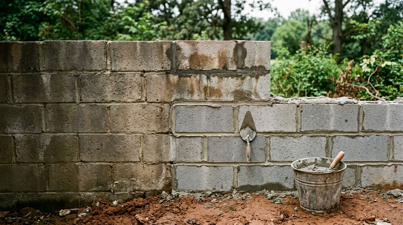 A repaired concrete block wall in Monroe, NC with fresh mortar joints and no visible cracking. The wall stands plumb and level along a residential property line.
