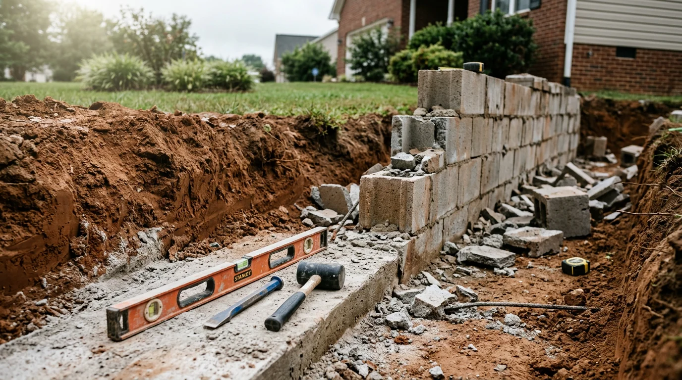 A newly completed concrete block wall replacement at a residential property in Monroe, NC, showing clean coursework and a level structure. The finished wall stands along a graded yard with red clay soil visible at the base.