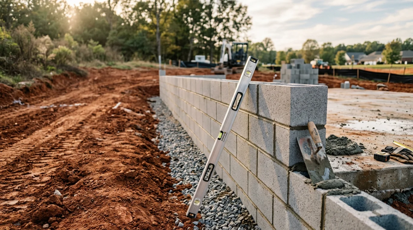 A finished concrete block retaining wall holding back a sloped residential yard in Monroe, NC. The wall runs along a graded lawn with red clay soil visible at the base of the slope.