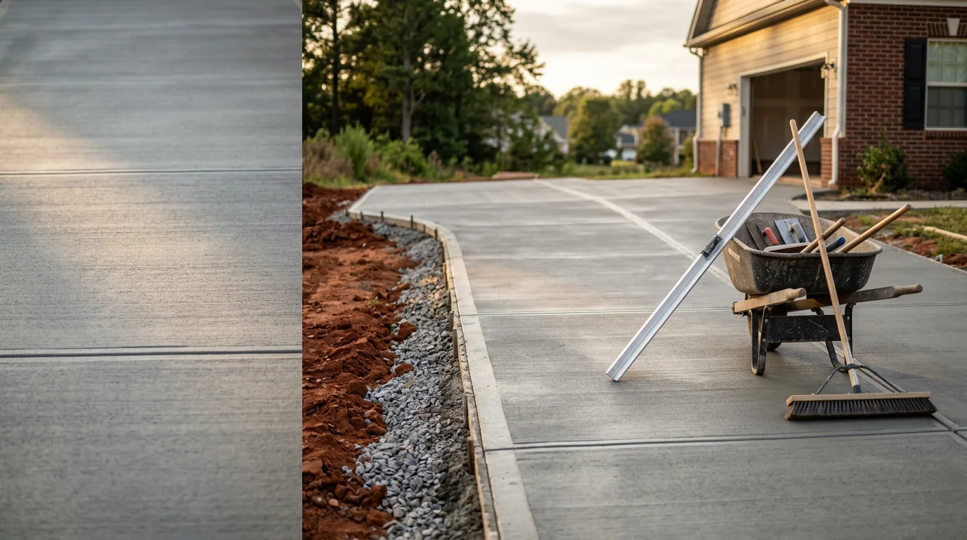 Freshly poured concrete driveway at a residential property in Monroe, NC, showing a smooth broom-finished surface with clean edges and visible control joints. The driveway leads from the street to a single-family home in Union County.