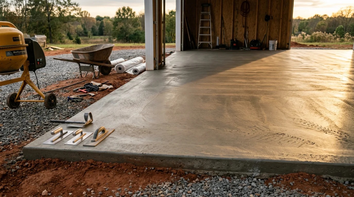 A freshly poured and finished concrete garage floor inside a residential garage in Monroe, NC, showing a smooth, level gray surface ready for vehicle use. The floor extends to the garage door threshold with clean edges along the side walls.