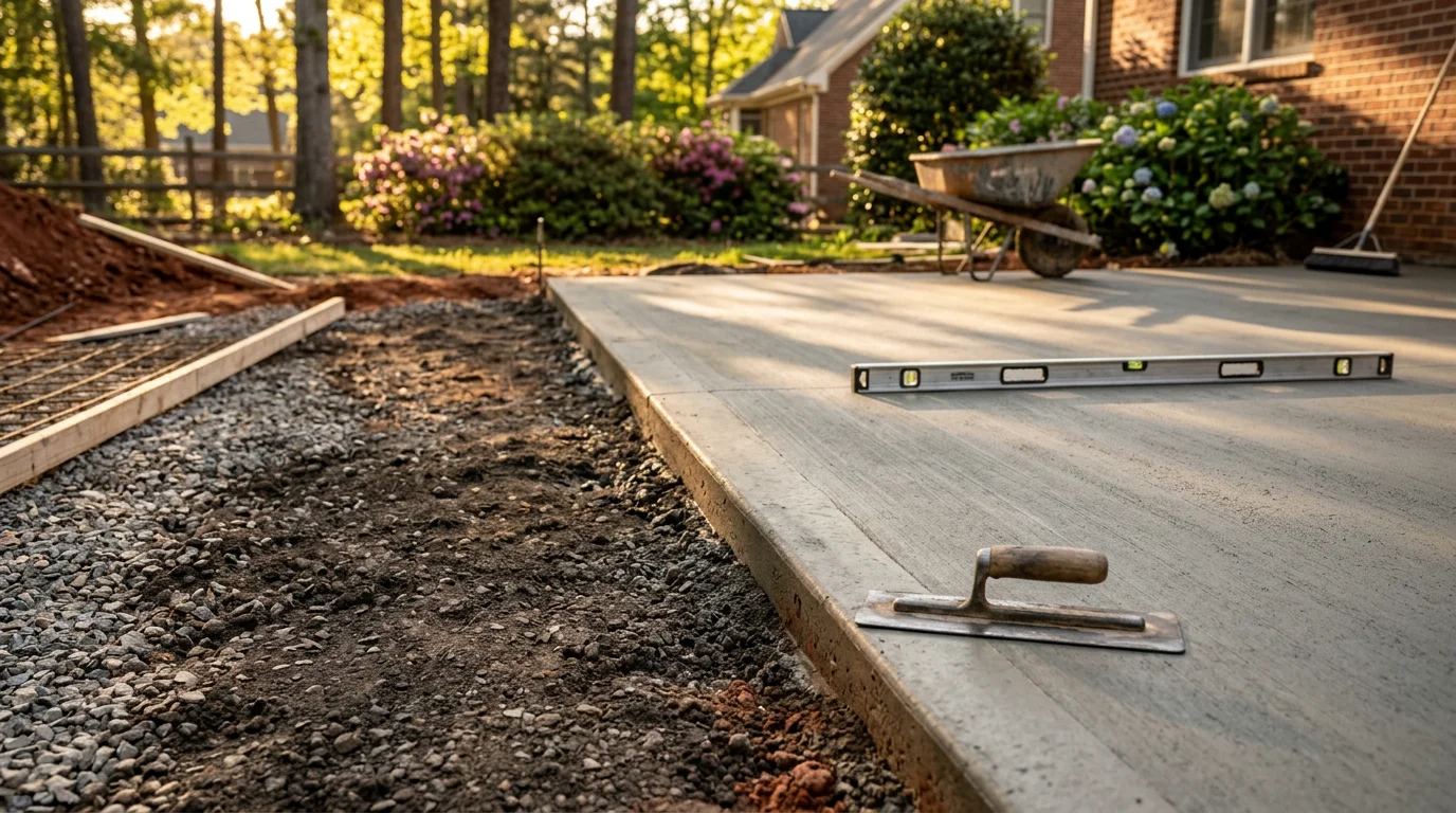 A freshly poured concrete patio behind a residential home in Monroe, NC, with a smooth broom finish and clean edges. The slab is set on a graded base with visible lawn and tree line in the background.
