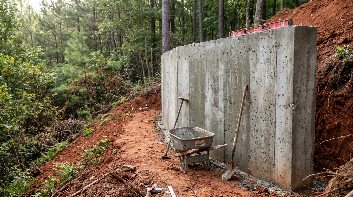A finished concrete retaining wall on a sloped residential property in Monroe, NC, holding back red clay soil and creating a level yard area. The wall runs along the base of a graded slope with clean concrete faces and a flat usable surface above.