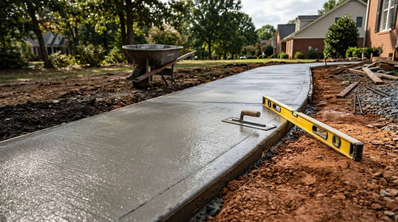 A freshly poured concrete walkway leading from a residential driveway to a front entrance in Monroe, NC, with clean formed edges and a smooth brushed finish. The path runs through a maintained lawn typical of a Union County residential property.