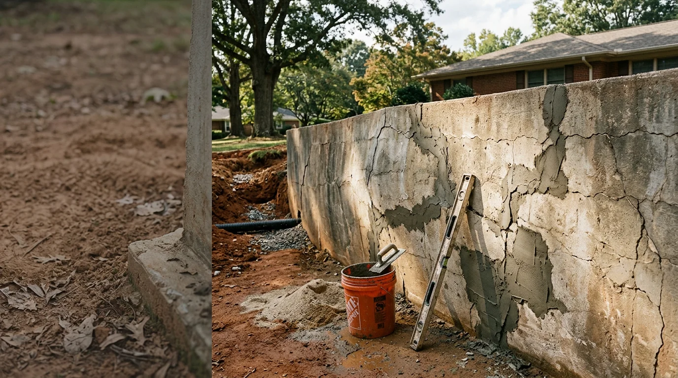 A repaired concrete retaining wall on a sloped residential property in Monroe, NC, with stable soil and clean drainage visible along the base. The wall shows no cracking or leaning after repair work by Solid Roc Solutions LLC.