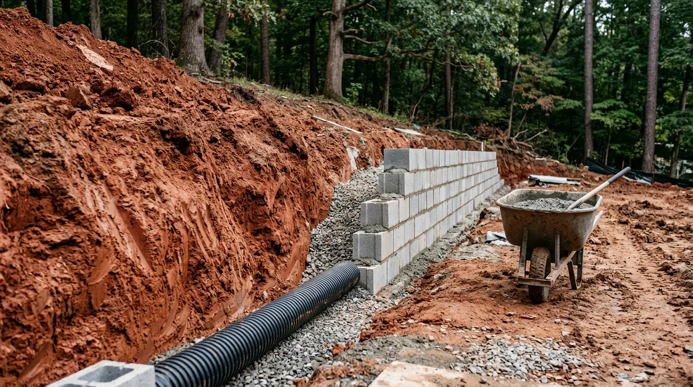 A newly completed concrete retaining wall replacement on a sloped residential property in Monroe, NC, with graded soil and a level yard behind the finished wall. The old failed wall has been fully removed and the replacement structure sits flush and plumb against the hillside.