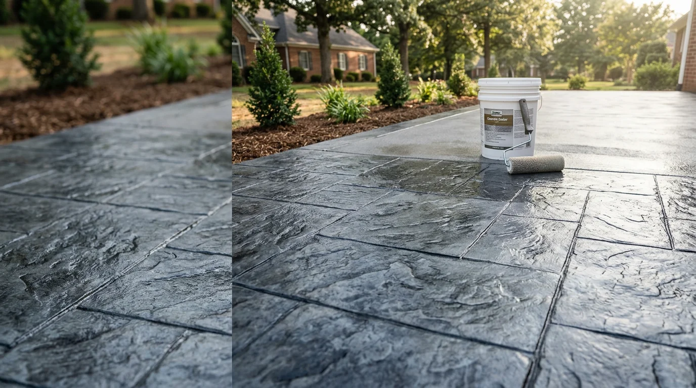 Freshly sealed stamped concrete surface with a stone-pattern texture installed at a residential property in Monroe, NC. The decorative slab extends across an outdoor living area surrounded by a typical Union County home and yard.
